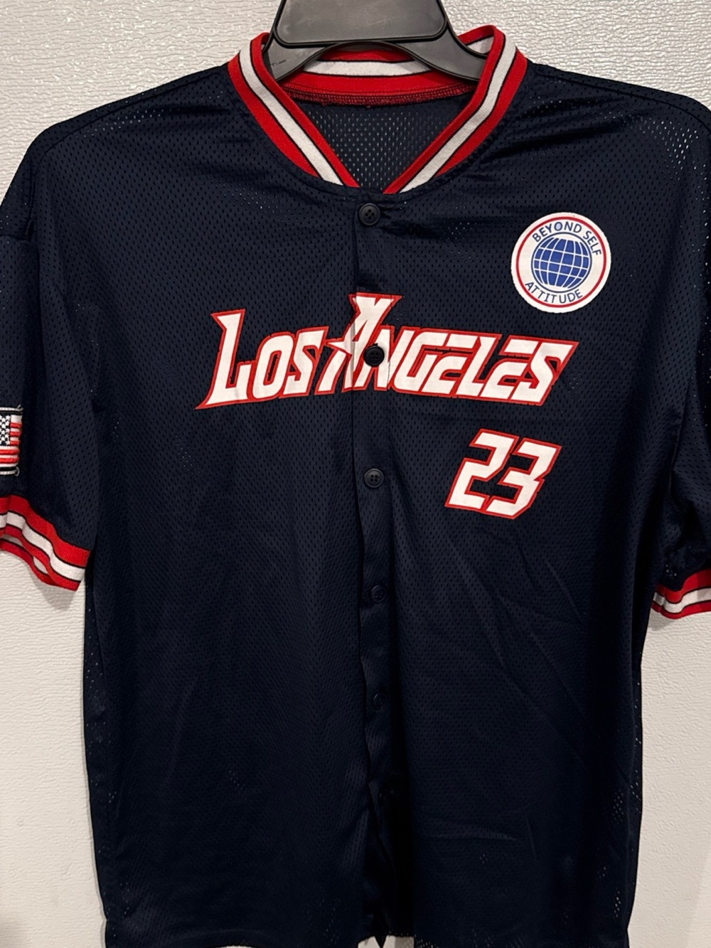 SHEIN Men’s M Los Angeles #23 Baseball Jersey Navy Red Button Front Mesh